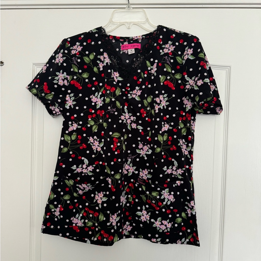Betsey Johnson cherry and polka dot scub top medium